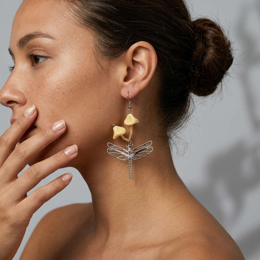 Dragonfly and mushroom earrings