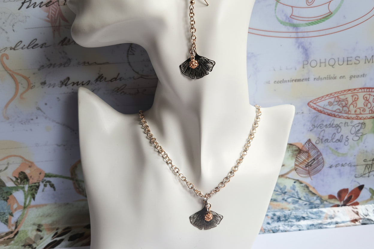 Ginko leaf necklace and earrings set