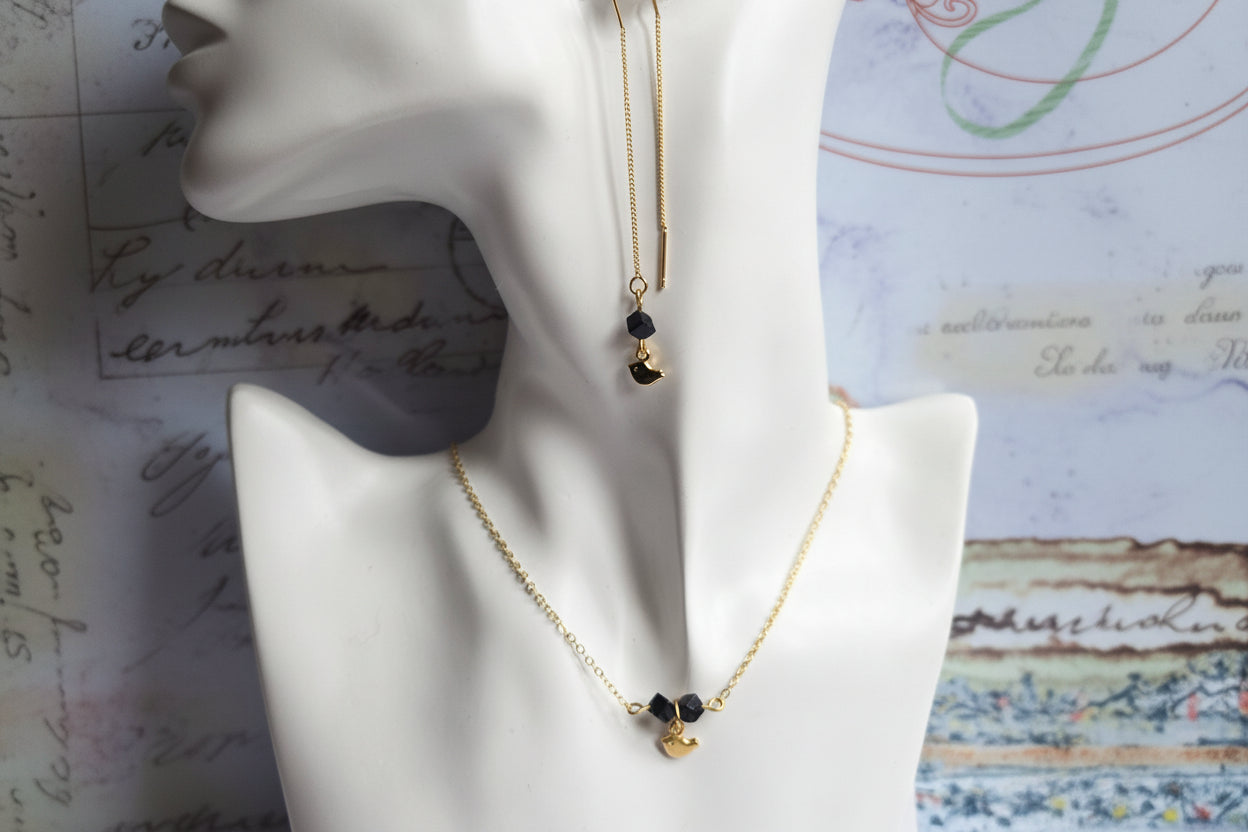 Tiny bird necklace and earrings set