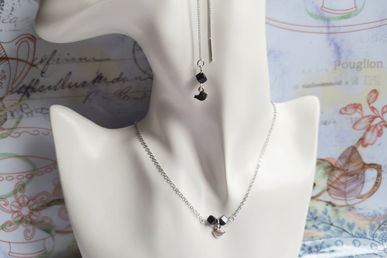 Tiny bird necklace and earrings set